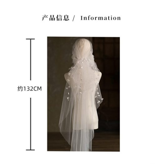 Mũ Voan Viền Bèo Ren Kết Hoa Rơi 132cm Phụ Kiện Cô Dâu Phụ Kiện Chụp Hình - - Hình ảnh 3