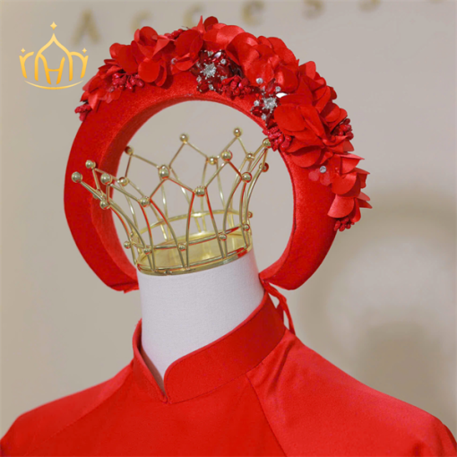 Mấn Vải Áo Dài Cô Dâu Màu Đỏ - Mấn Nhung Đỏ Tươi Đính Hoa - Hình ảnh 4