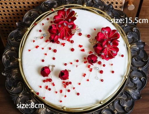 Set 2 Món Kẹp Hoa Mix Ngọc Trai Màu Đỏ, Nhụy Đá Xanh, Kèm Bông Tai - - Hình ảnh 2