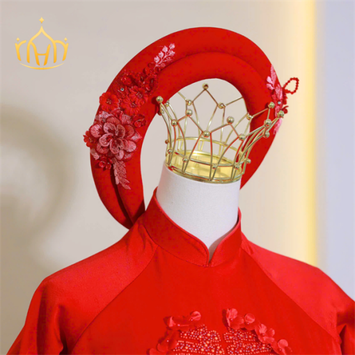 Mấn Vải Áo Dài Cô Dâu Màu Đỏ - Mấn 2 Tầng Đỏ Tươi Đính Hoa Ren - Hình ảnh 4