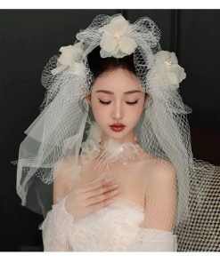 VOAN 2 LỚP KẾT HOA MIX NƠ LƯỚI VÀ PHA LÊ 60CM X 90CM PHỤ KIỆN CƯỚI PHỤ KIỆN CHỤP HÌNH -