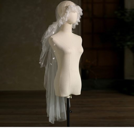 Mũ Voan Viền Bèo Ren Kết Hoa Rơi 132cm Phụ Kiện Cô Dâu Phụ Kiện Chụp Hình -