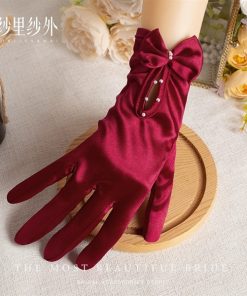 Găng Tay Phi Đỏ Đô - Đỏ đô đính nơ hạt trai nhỏ