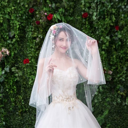 VOAN DÀI ĐÍNH HẠT TRAI 1 LỚP VOAN LÚP CÔ DÂU MÀU TRẮNG - 150cm Không Cài - Hình ảnh 3