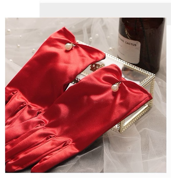 Găng Tay Đỏ Ngắn 23cm - đỏ đính hạt trai - Hình ảnh 3