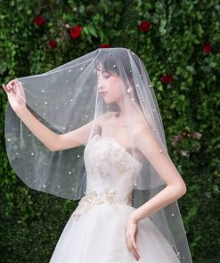 VOAN DÀI ĐÍNH HẠT TRAI 1 LỚP VOAN LÚP CÔ DÂU MÀU TRẮNG - 150cm Không Cài