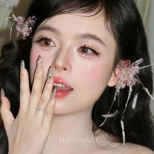 Set Bông Tai Hồ Điệp Pha Lê Hồng Mix Lông Vũ - - Hình ảnh 2
