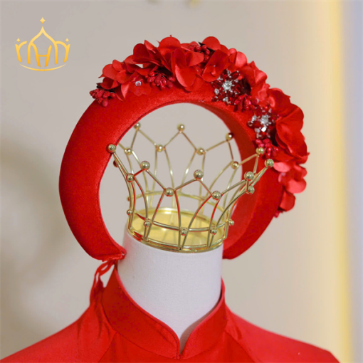 Mấn Vải Áo Dài Cô Dâu Màu Đỏ - Mấn Nhung Đỏ Tươi Đính Hoa - Hình ảnh 3