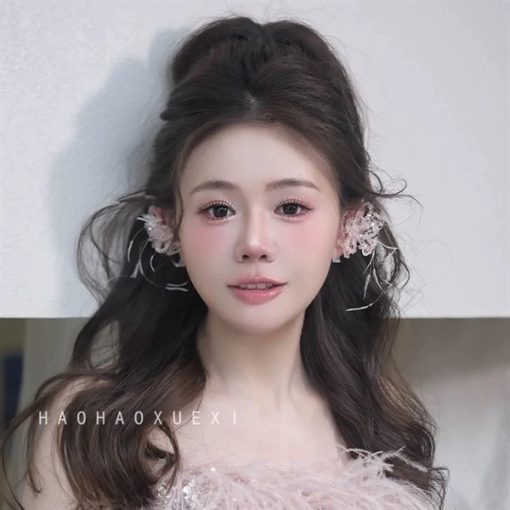 Set Bông Tai Hồ Điệp Pha Lê Hồng Mix Lông Vũ - - Hình ảnh 4