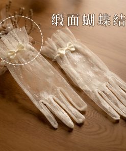 Găng Tay Voan Ren Màu Trắng Kem Dài 23cm - Đính Nơ