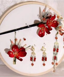 Set Trâm 3 Món Kèm Bông Tai, Trâm Cài Tóc Cô Dâu, Trâm Áo Dài, Phụ Kiện Cưới - Đỏ