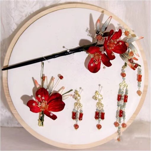 Set Trâm 3 Món Kèm Bông Tai, Trâm Cài Tóc Cô Dâu, Trâm Áo Dài, Phụ Kiện Cưới - Đỏ