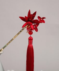 Trâm Hoa Nhung Đỏ Tua Rua, Trâm Cài Tóc Cô Dâu, Phụ Kiện Cài Tóc Cô Dâu Màu Đỏ, Phụ Kiện Cưới -