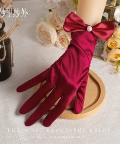 Găng Tay Phi Đỏ Đô - đỏ đô nơ đính 1 hạt trai