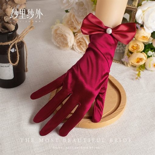 Găng Tay Phi Đỏ Đô - đỏ đô nơ đính 1 hạt trai
