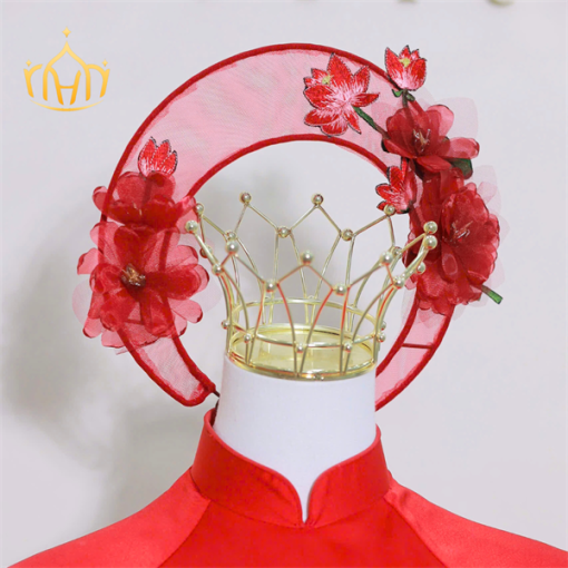 Mấn Khung Kim Loại Áo Dài Cô Dâu Màu Đỏ - Mấn Lưới Đính Hoa Voan Đỏ - Hình ảnh 4