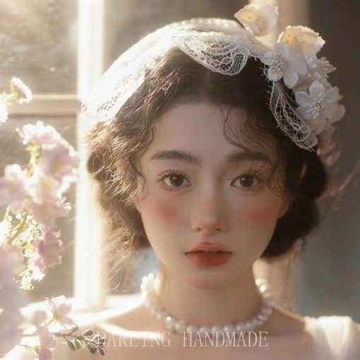Mũ Ren Trắng Đính Hoa Phong Cách Retro - - Hình ảnh 4