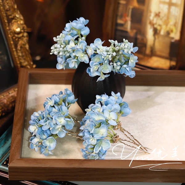 Set 5 Món Trâm Hoa Lụa - Xanh - Hình ảnh 2