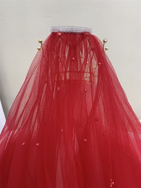 Voan Đỏ 2 Lớp Đính Họa Tiết - Đỏ Đính Ngọc Trai - Hình ảnh 2