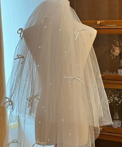 Voan Trắng 2 Lớp 60-80cm Đính Hạt Trai Và Nơ Màu Trắng -