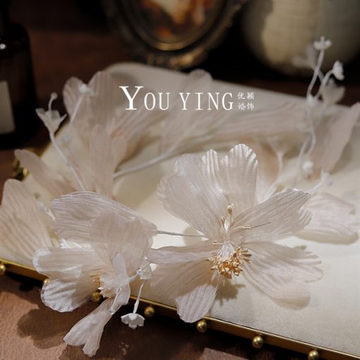 Băng Đô Cô Dâu Cài Hoa Nhẹ Nhàng, Bờm Hoa Cài Tóc - Hoa Màu Kem - Hình ảnh 3