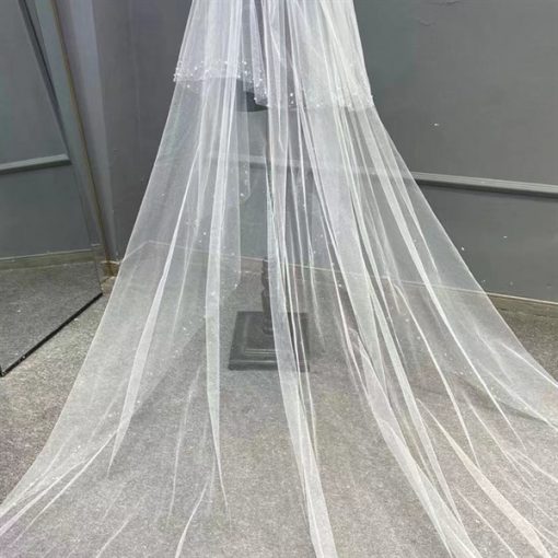 VOAN DÀI VIỀN KẾT ĐÁ HẠT TRAI 2 LỚP 80CMx400CM VOAN LÚP CÔ DÂU MÀU TRẮNG -
