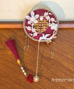 Quạt Cầm Tay Mini Đường Kính 10cm, Phụ Kiện Áo Dài, Phụ Kiện Cưới - Đỏ Đô Phượng Hoàng