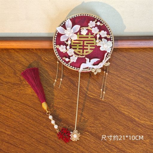 Quạt Cầm Tay Mini Đường Kính 10cm, Phụ Kiện Áo Dài, Phụ Kiện Cưới - Đỏ Đô Phượng Hoàng