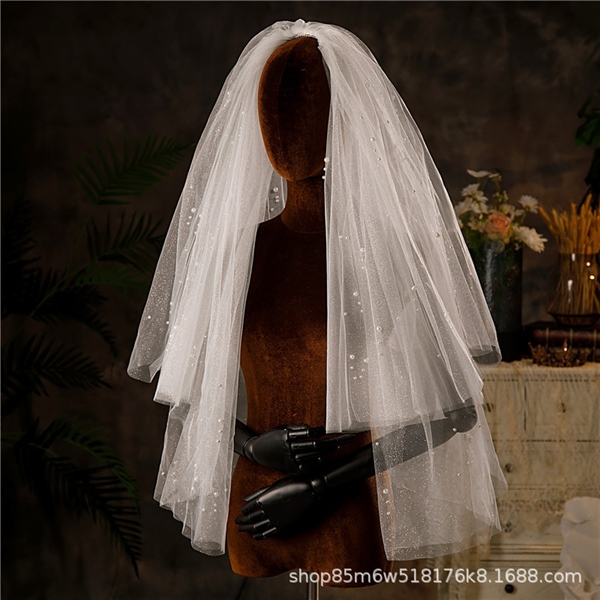 Voan Nhũ Phồng 2 Lớp Đính Cụm Ngọc Trai, Kích Thước 65cmx85cm, Voan Cài Tóc Cô Dâu Màu Trắng -