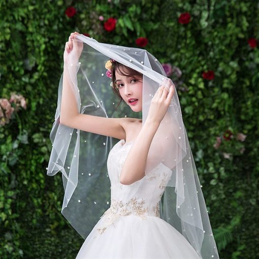 VOAN DÀI ĐÍNH HẠT TRAI 1 LỚP VOAN LÚP CÔ DÂU MÀU TRẮNG - 150cm Không Cài - Hình ảnh 2