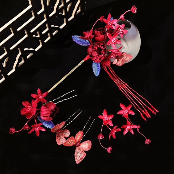 Set Trâm Hoa Đỏ 5 Món Mix Lá Xanh Kèm Bông Tai -