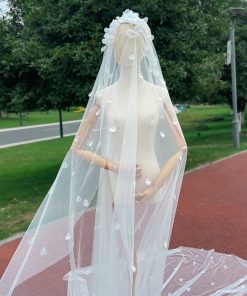 VOAN BỜM HOA KẾT CÁNH HOA ĐÍNH NGỌC 1 LỚP 300CM VOAN LÚP CÔ DÂU MÀU TRẮNG -