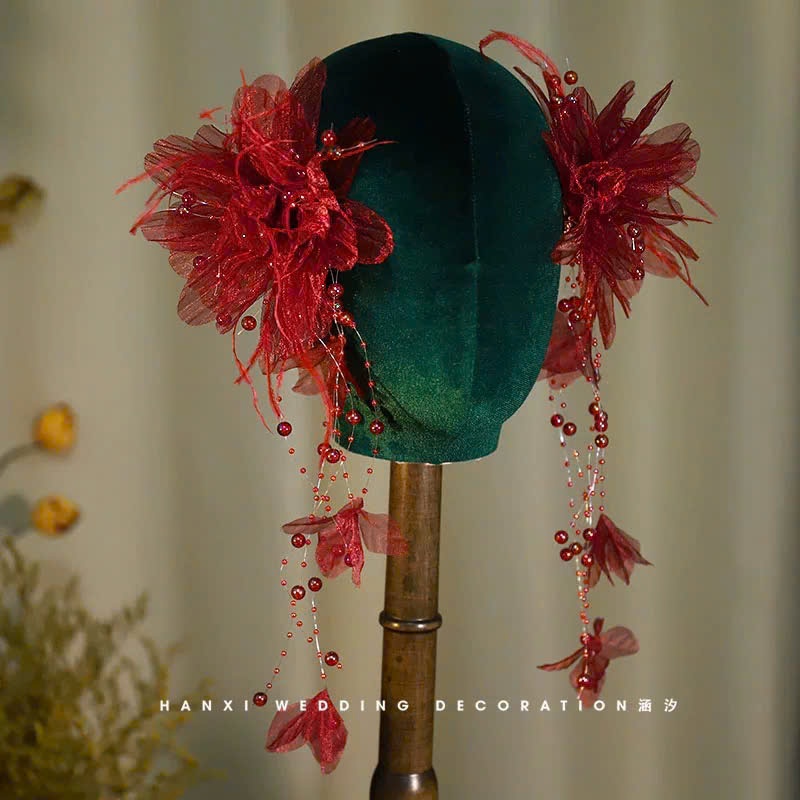 Set Hoa Voan Tua Rua Mix Pha Lê - Đỏ