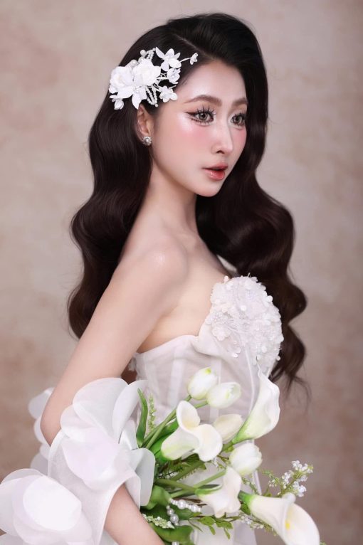 Set 2 Kẹp Hoa Trắng Mix Lá Ngọc Trai - - Hình ảnh 5