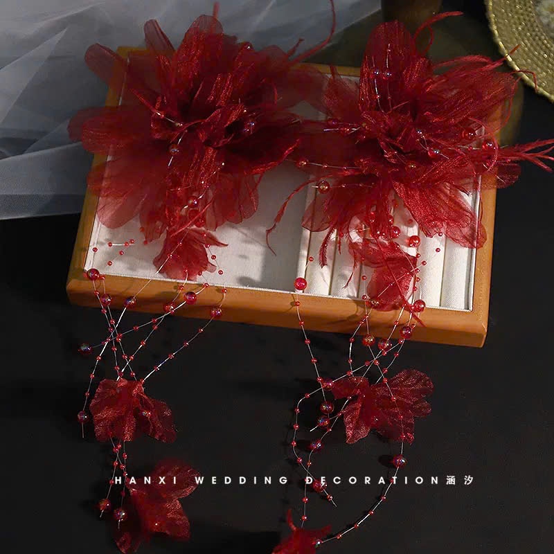 Set Hoa Voan Tua Rua Mix Pha Lê - Đỏ - Hình ảnh 4