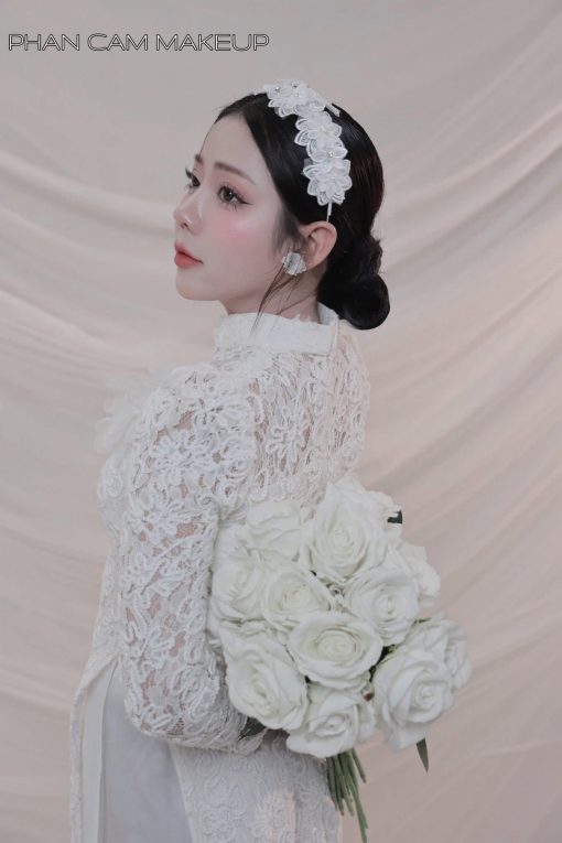 Băng Đô Cô Dâu Cài Hoa Nhẹ Nhàng, Bờm Hoa Cài Tóc - Hoa Trắng Ren 2 Tầng - Hình ảnh 7