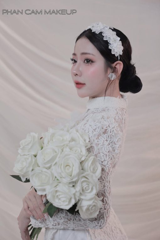 Băng Đô Cô Dâu Cài Hoa Nhẹ Nhàng, Bờm Hoa Cài Tóc - Hoa Trắng Ren 2 Tầng - Hình ảnh 8