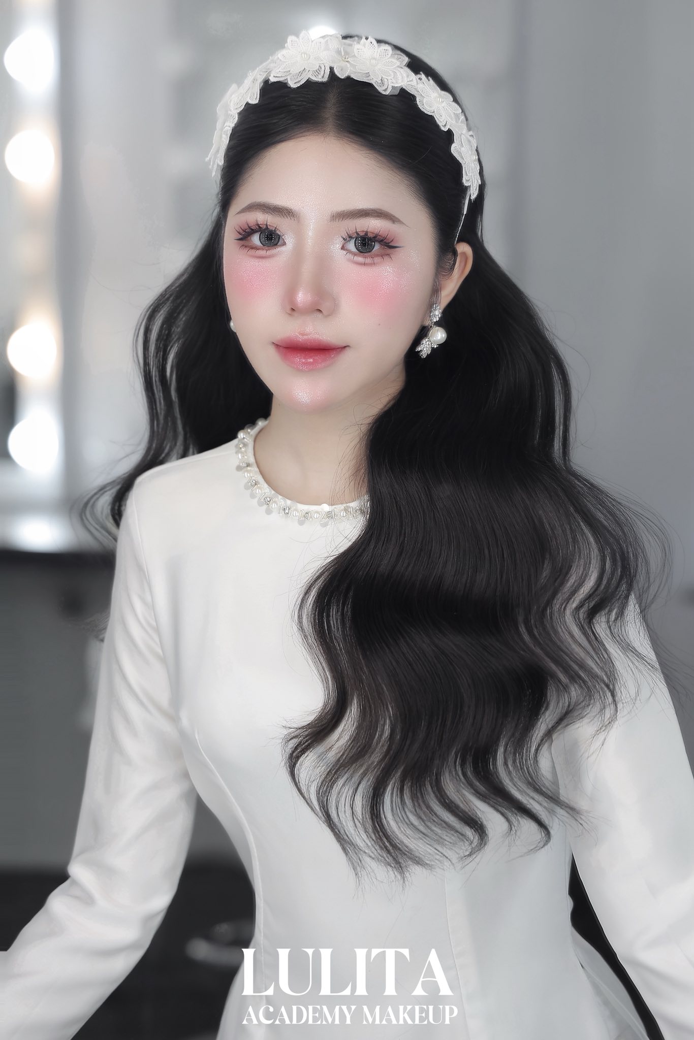 Băng Đô Cô Dâu Cài Hoa Nhẹ Nhàng, Bờm Hoa Cài Tóc - Hoa Trắng Ren 2 Tầng - Hình ảnh 9