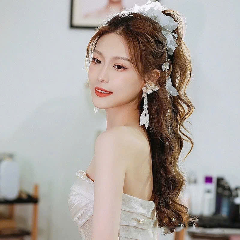 Băng Đô Cô Dâu Cài Hoa Nhẹ Nhàng, Bờm Hoa Cài Tóc - Hoa Voan - Hình ảnh 9