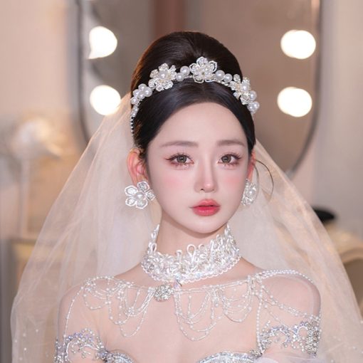 Băng Đô Hoa Đá Đính Ngọc Trai Cao Cấp Kèm Bông Tai - Hình ảnh 3