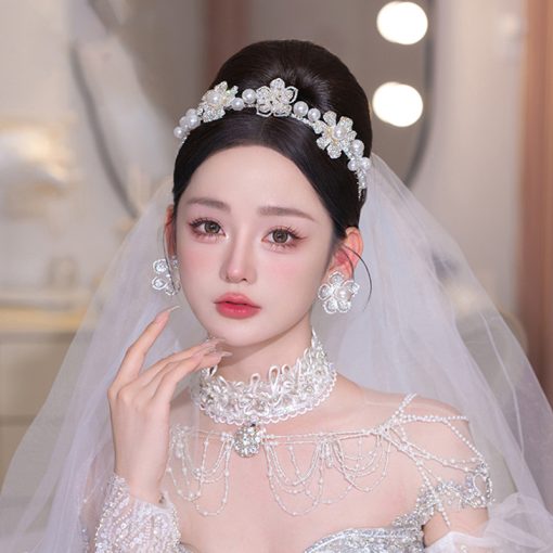 Băng Đô Hoa Đá Đính Ngọc Trai Cao Cấp Kèm Bông Tai - Hình ảnh 4