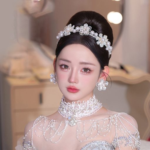 Băng Đô Hoa Đá Đính Ngọc Trai Cao Cấp Kèm Bông Tai - Hình ảnh 2