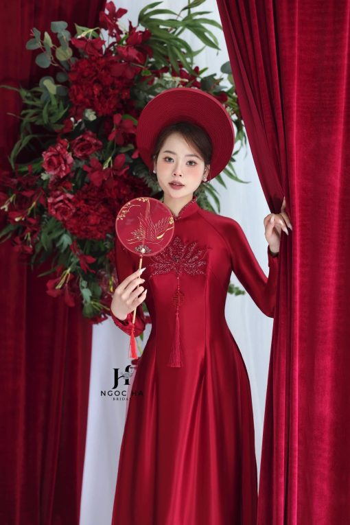 Khăn Đóng Áo Dài Cô Dâu - Đỏ Tươi Truyền Thống 35 Vòng - Hình ảnh 5