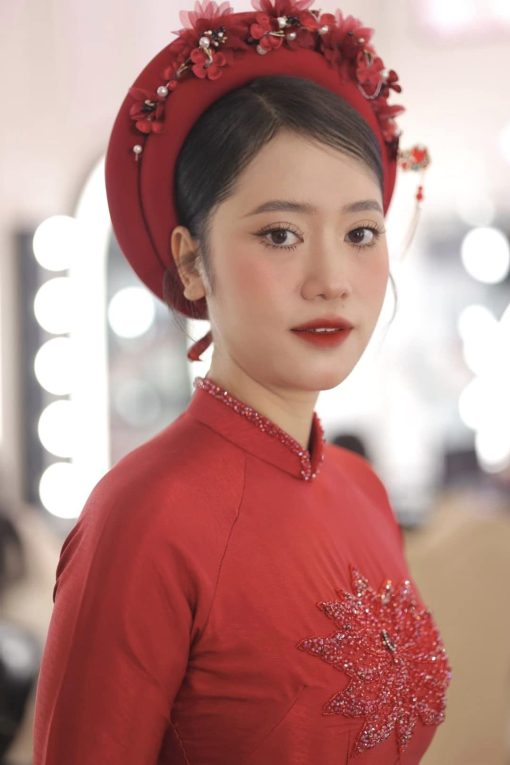 Mấn Vải Áo Dài Cô Dâu Màu Đỏ - Mấn 2 Tầng Đỏ Đô Đính Hoa - Hình ảnh 6
