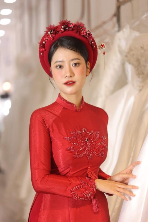 Mấn Vải Áo Dài Cô Dâu Màu Đỏ - Mấn 2 Tầng Đỏ Đô Đính Hoa - Hình ảnh 7