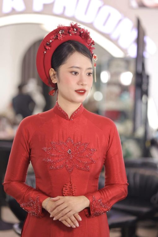 Mấn Vải Áo Dài Cô Dâu Màu Đỏ - Mấn 2 Tầng Đỏ Đô Đính Hoa - Hình ảnh 8