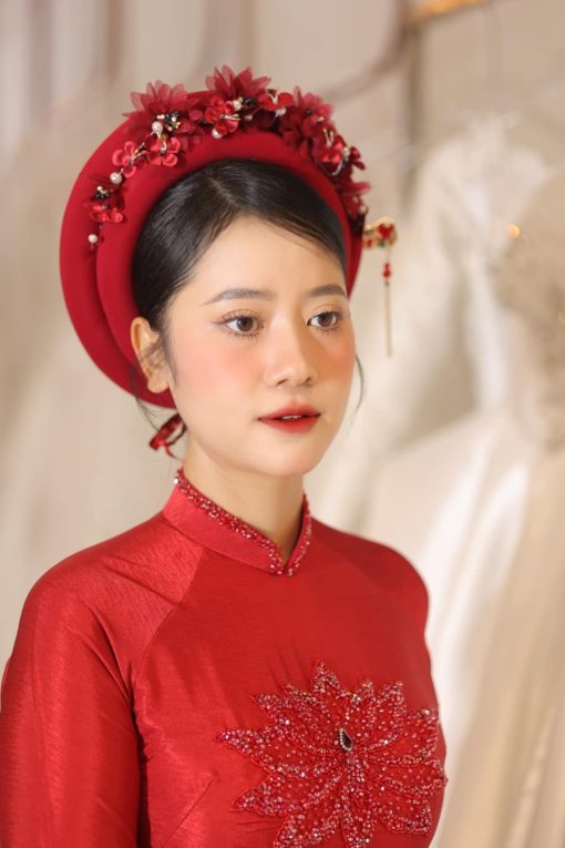 Mấn Vải Áo Dài Cô Dâu Màu Đỏ - Mấn 2 Tầng Đỏ Đô Đính Hoa - Hình ảnh 5