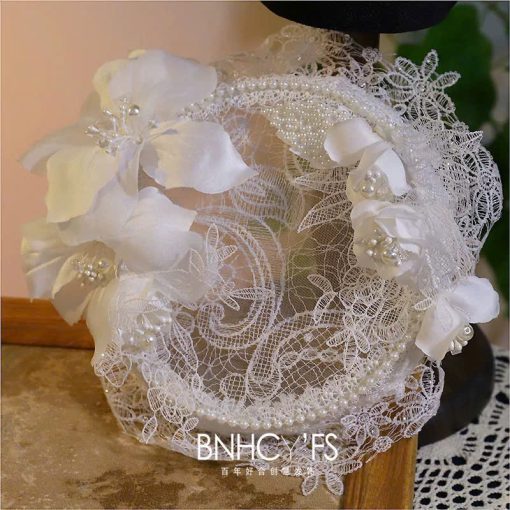 Mũ Ren Trắng Đính Hoa Phong Cách Retro - - Hình ảnh 2