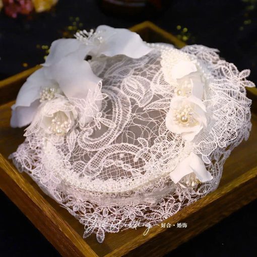 Mũ Ren Trắng Đính Hoa Phong Cách Retro - - Hình ảnh 3