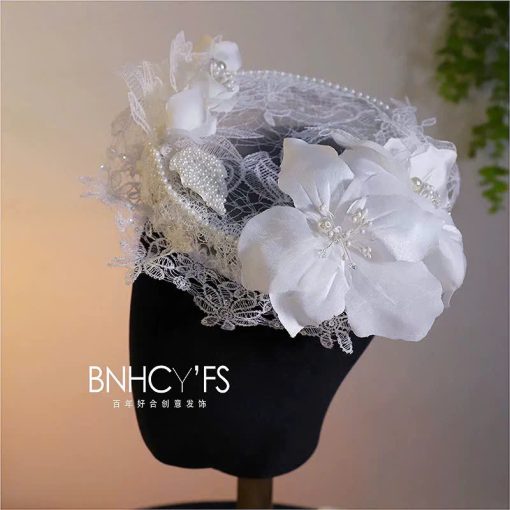 Mũ Ren Trắng Đính Hoa Phong Cách Retro - - Hình ảnh 5